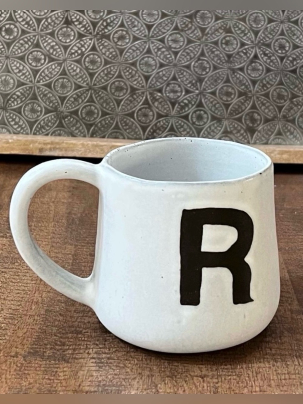 Crate & Barrel Mug Monogram R Artisan Handcrafted Stoneware Portugal